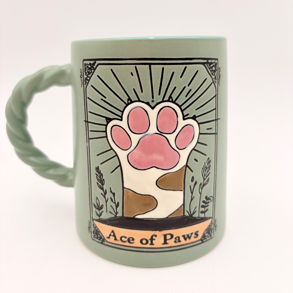 Spectrum Designz Ace of‎ Paws Cat Paw Tarot Mug Green Teal Twisted Handle